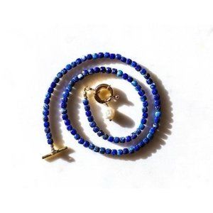 Blue Lapis Lazuli Gemstone Necklace Gold Toggle Clasp Removable Baroque Pearl